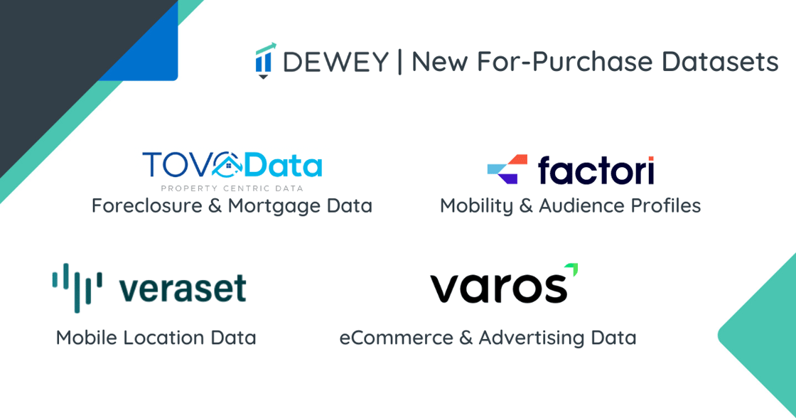 Dewey provides access to discounts on Veraset, TovoData, Factori, Varos, and more.